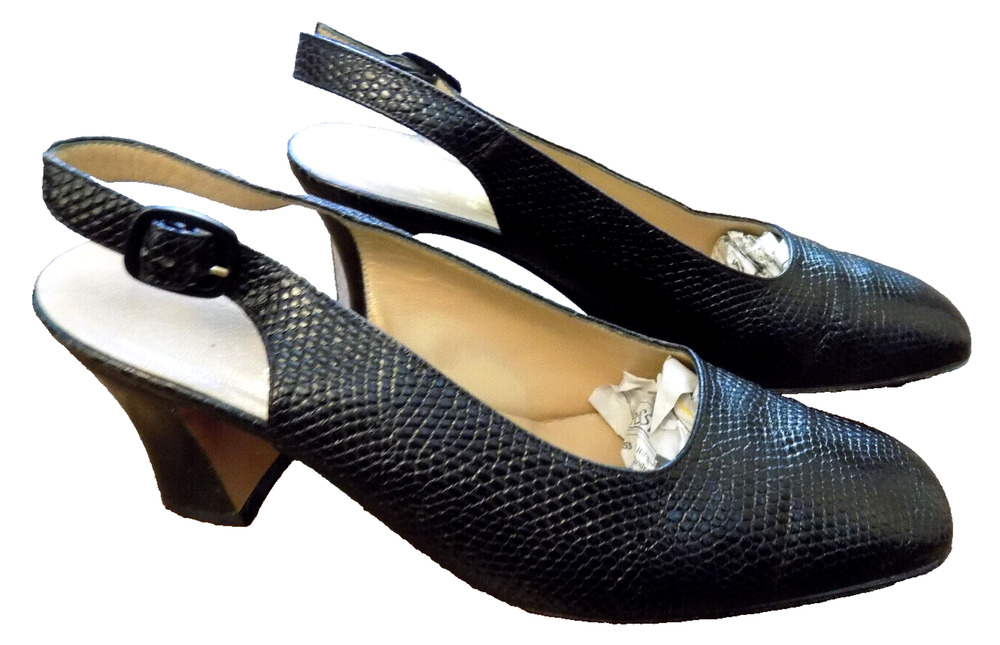 Vtg Salvatore Ferragamo Black Snake embossed Leather Slingback 2.5" Heel Pump 7C